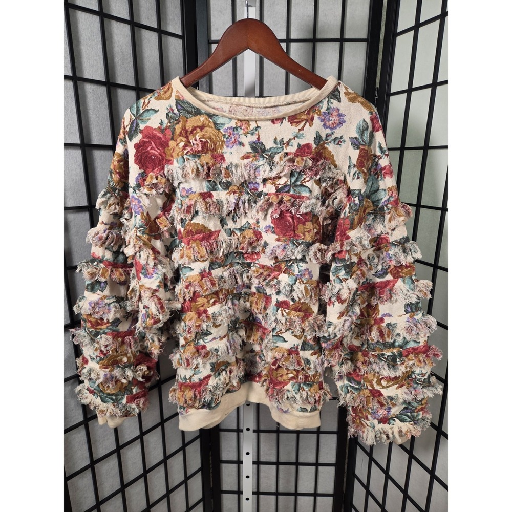Paula Sweet vintage Floral Fringe Cotton Pullover top Knit Long Sleeve Sz L